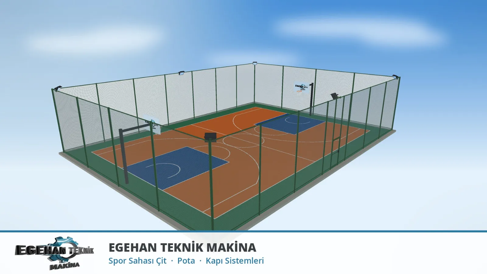 Çevre çitli basket sahasının kuşbakışı 3D çizimi