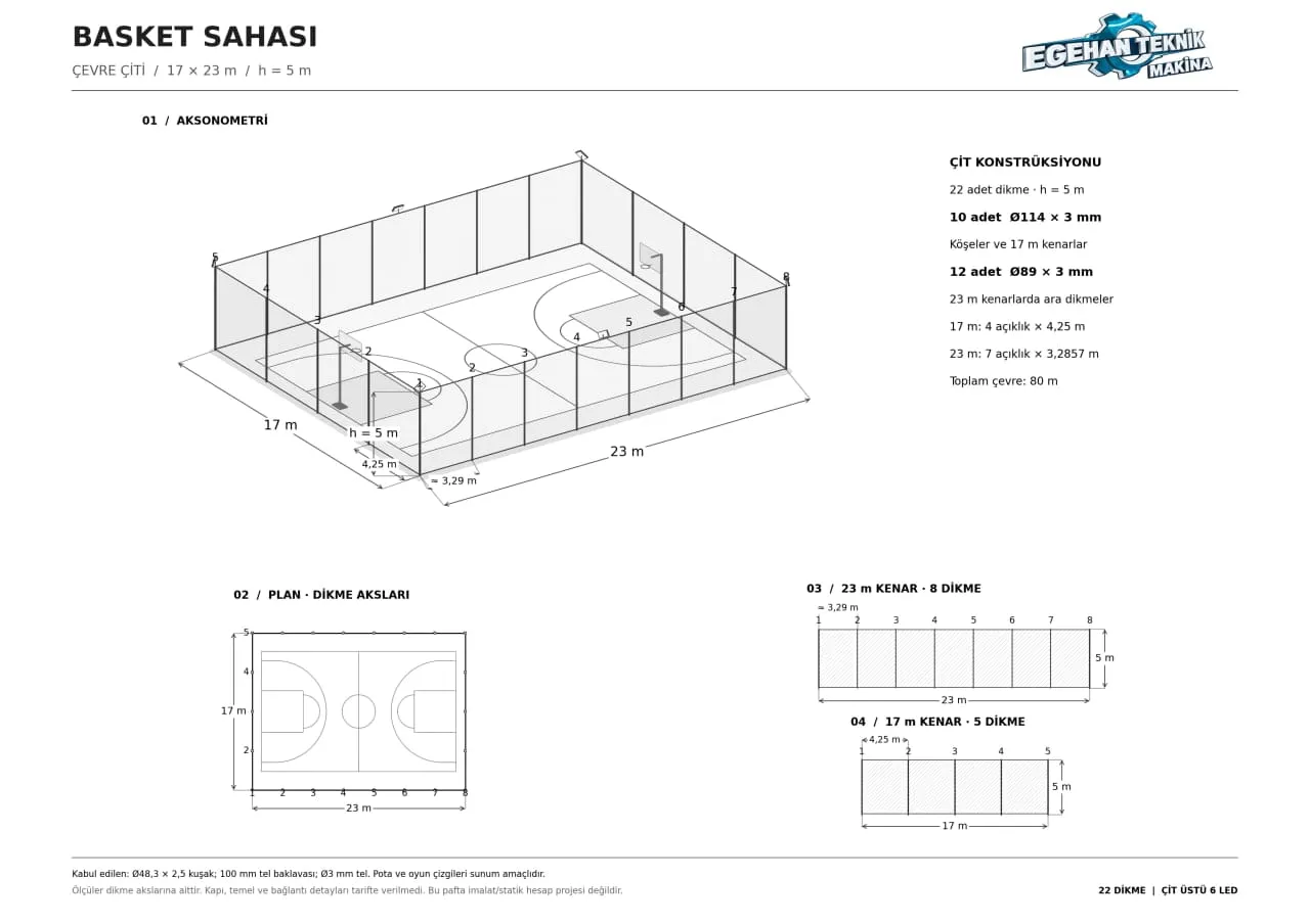 Basket sahası çevre çitinin teknik çizimi: aksonometri, plan ve dikme aksları