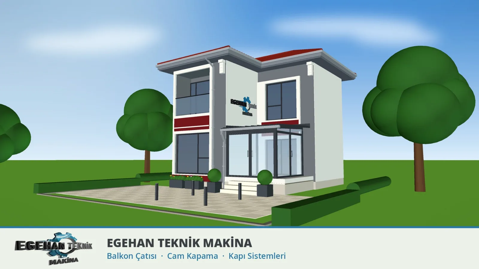 İki katlı evin 3D çizimi: zemin kat girişine tasarlanan cam kapama ve pergola çatı, evin genel görünümü
