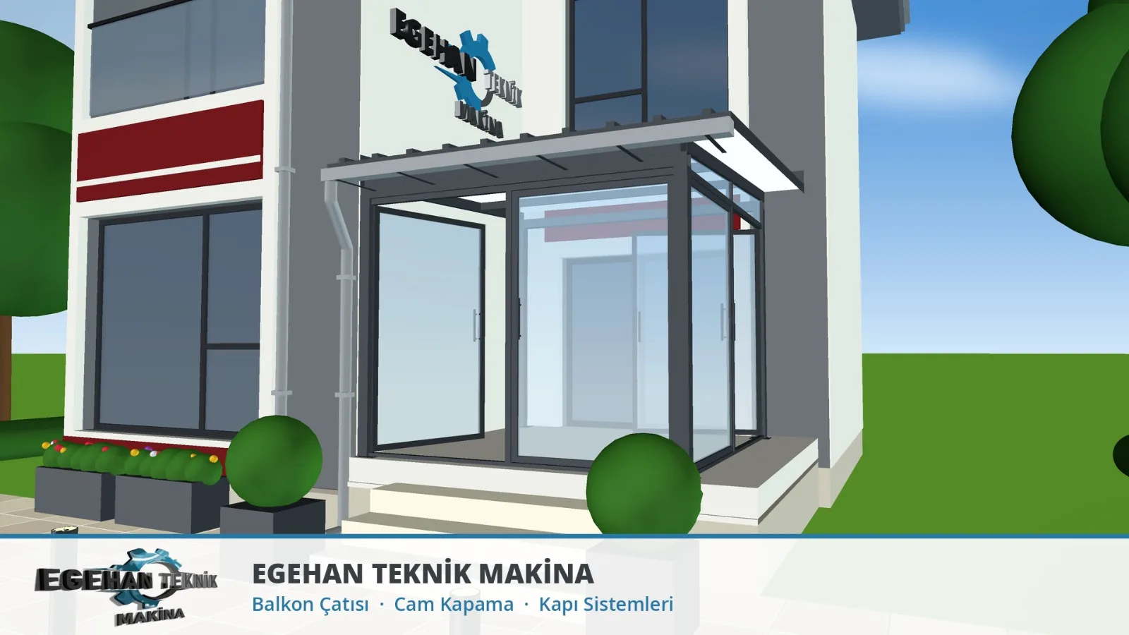 Aynı evin 3D çiziminde girişe yakın bakış: alüminyum çerçeveli cam kapama, üstte pergola çatı ve açık konumda katlanır kapı